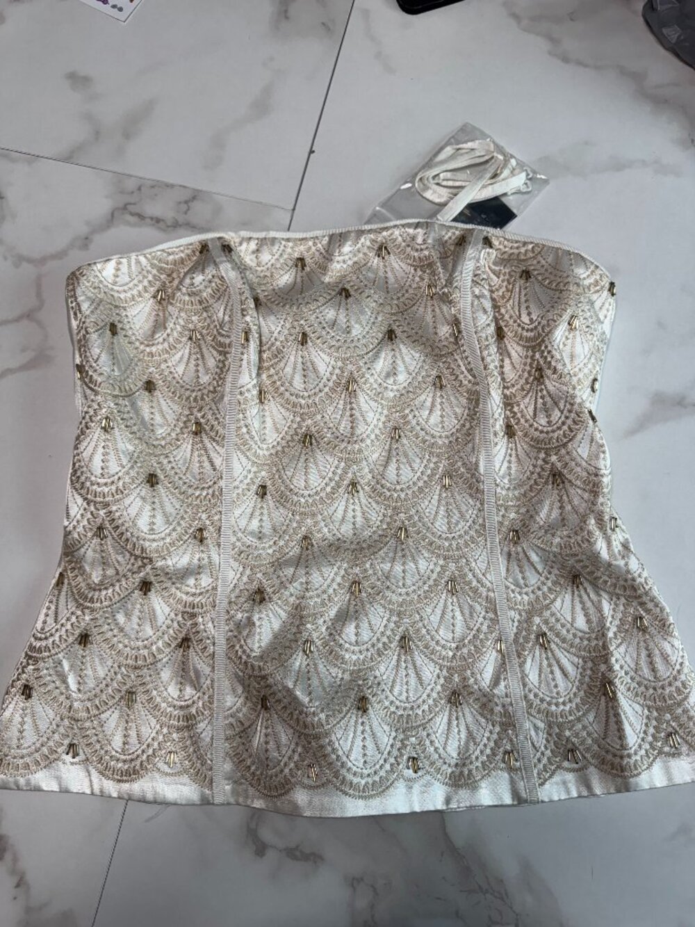White House Black Market Bustier Embroidery Beaded Strapless Corset Art Deco